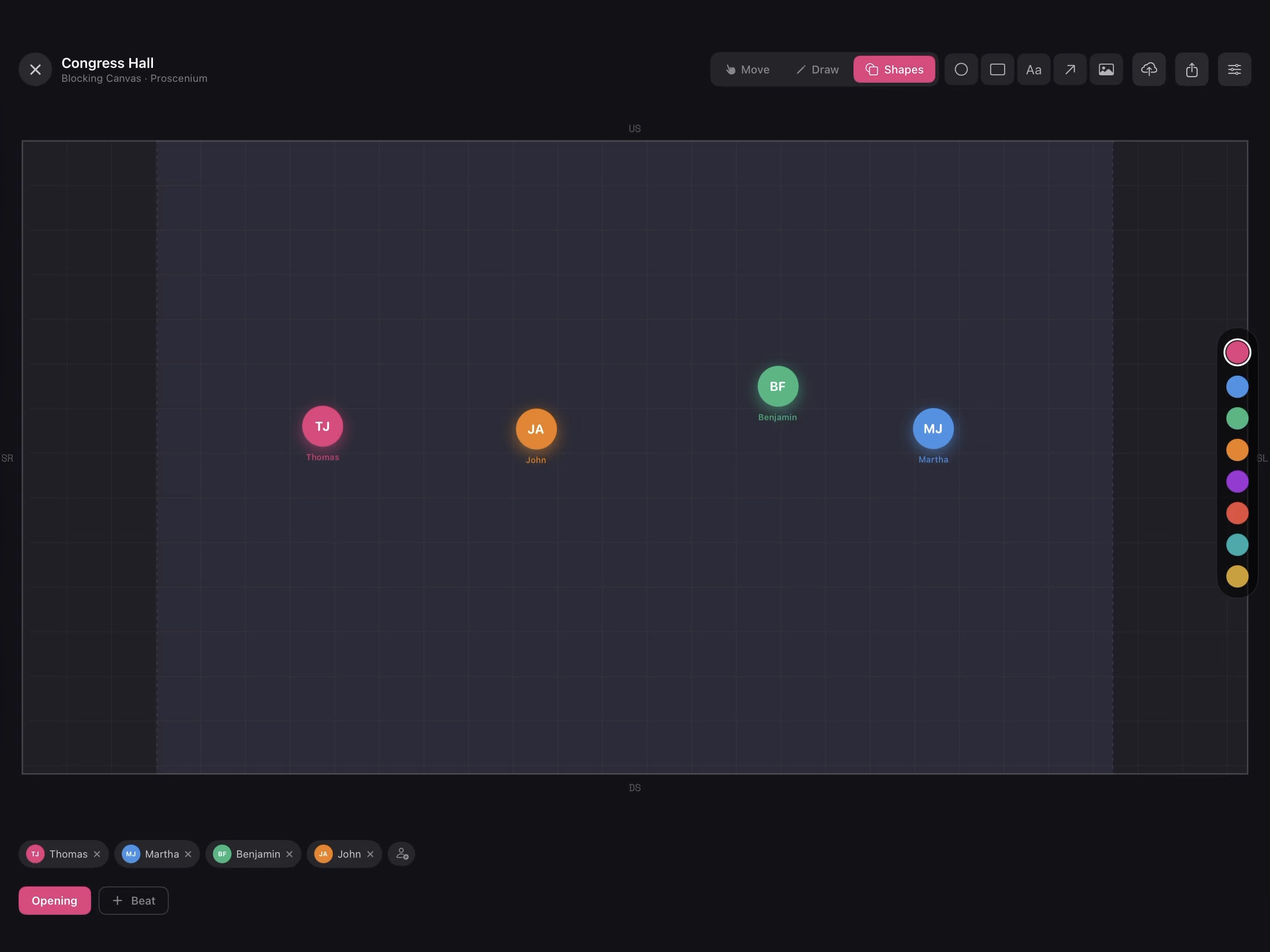 The Callsheet blocking canvas on iPad: a proscenium stage with four character tokens placed for the opening beat