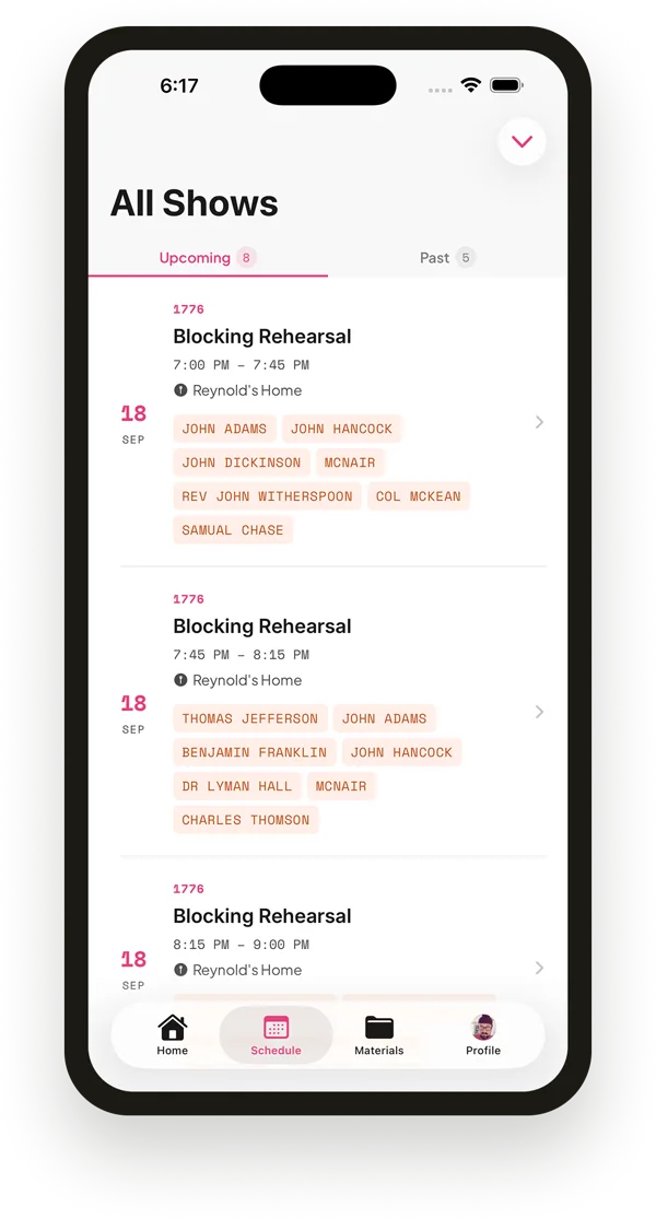 Callsheet rehearsal schedule