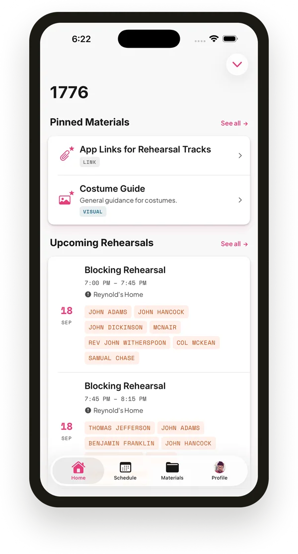 Callsheet home screen
