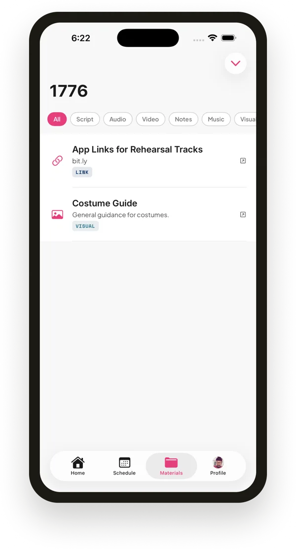 Callsheet materials screen