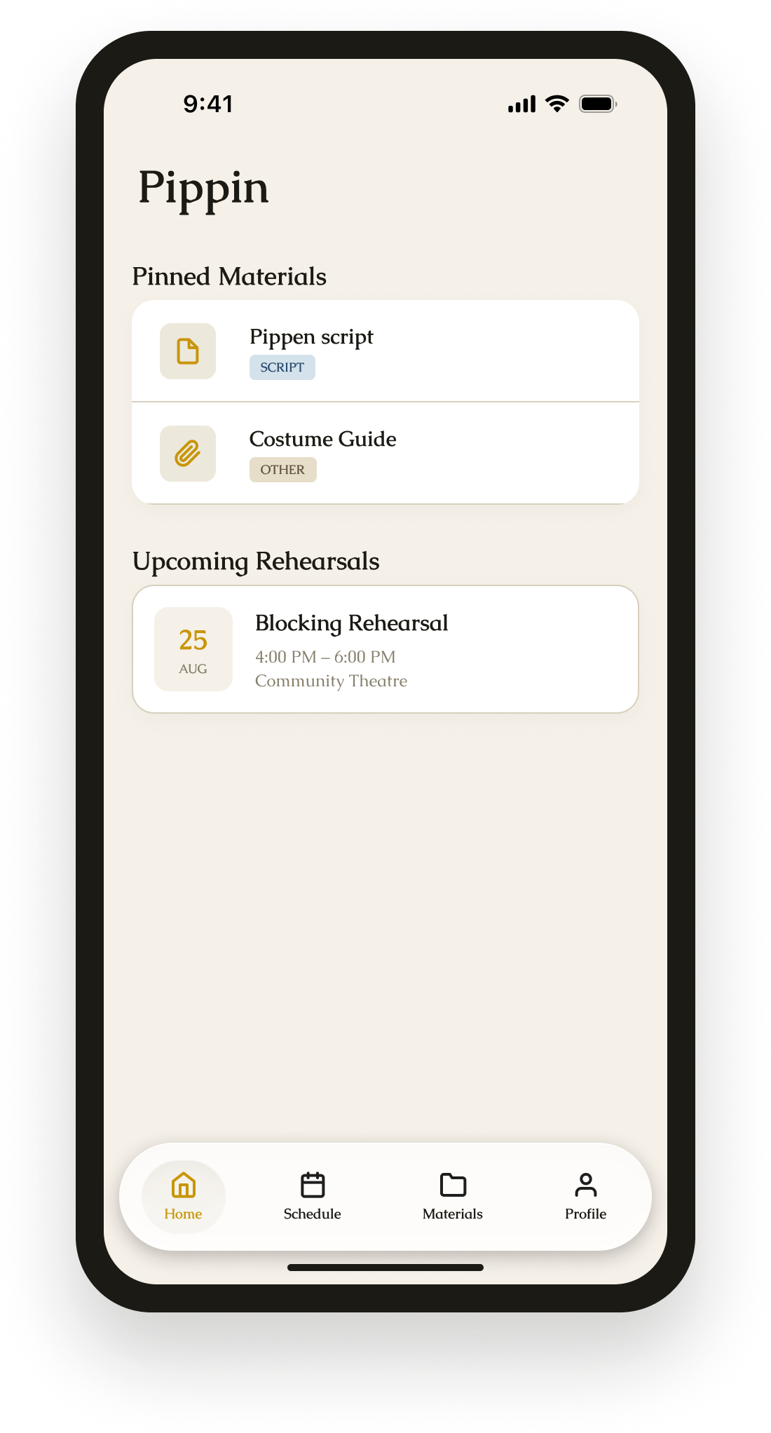 Callsheet iOS app showing rehearsal schedule